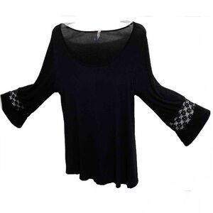 Lace Floral Detail Long Bell Sleeves Black Tunic Top Womens Large